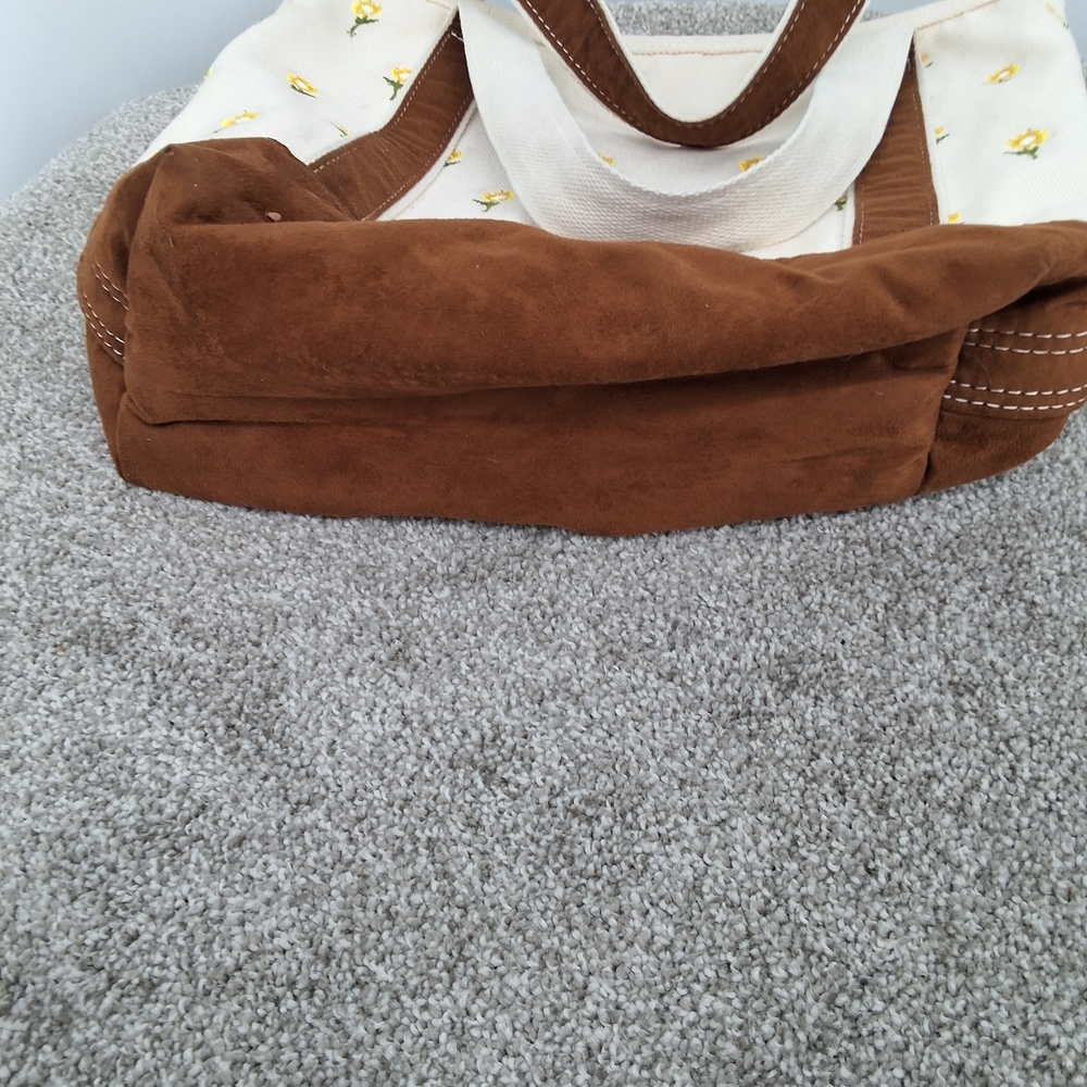 Lands' End Cream Canvas Tote with Yellow Flower Embroidery and Brown Trim - Picture 5 of 8